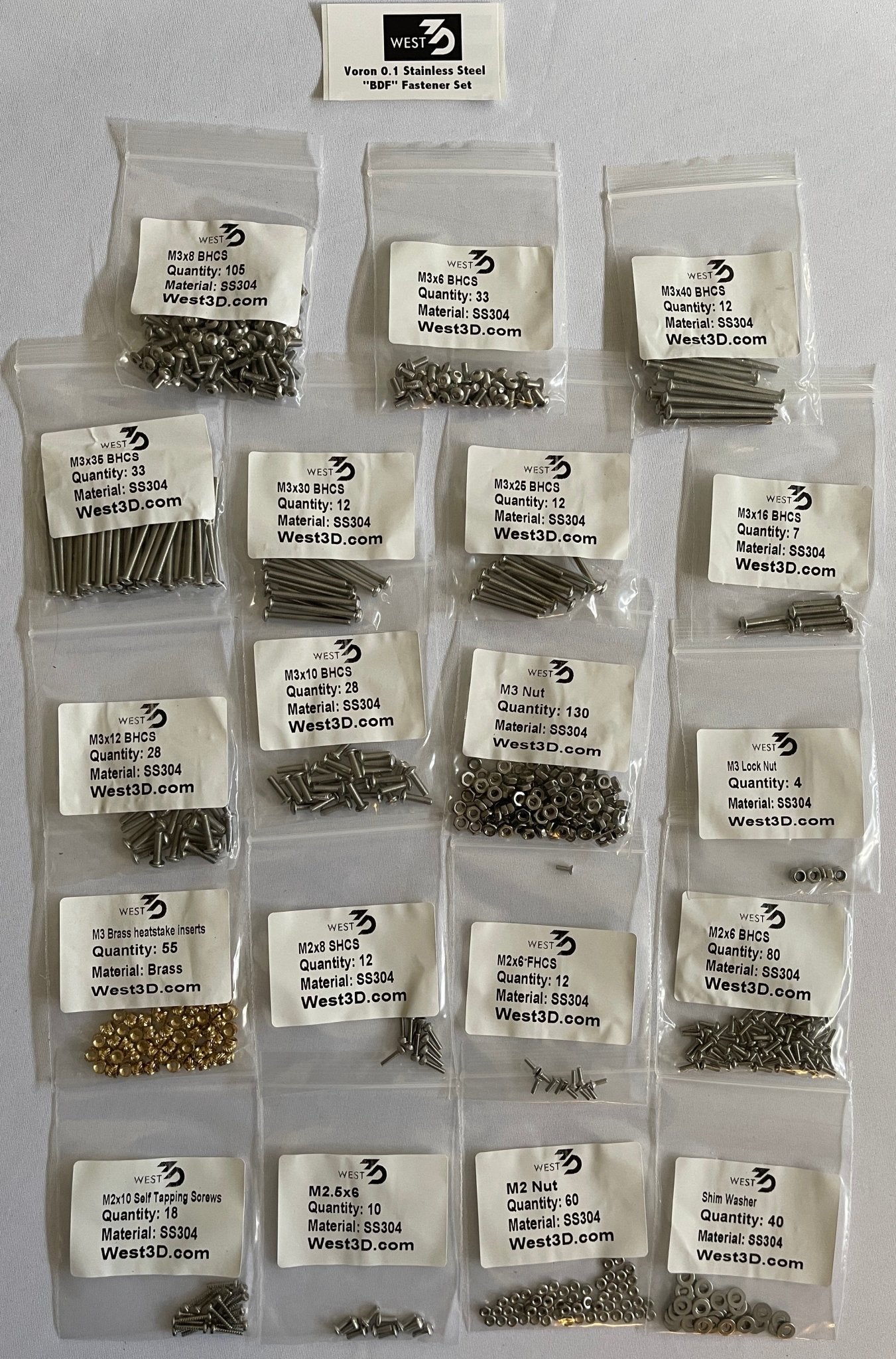 West3D Stainless Steel Fastener Kit for Voron v0.2 (BDF) - West3D Printing - West3D Printing