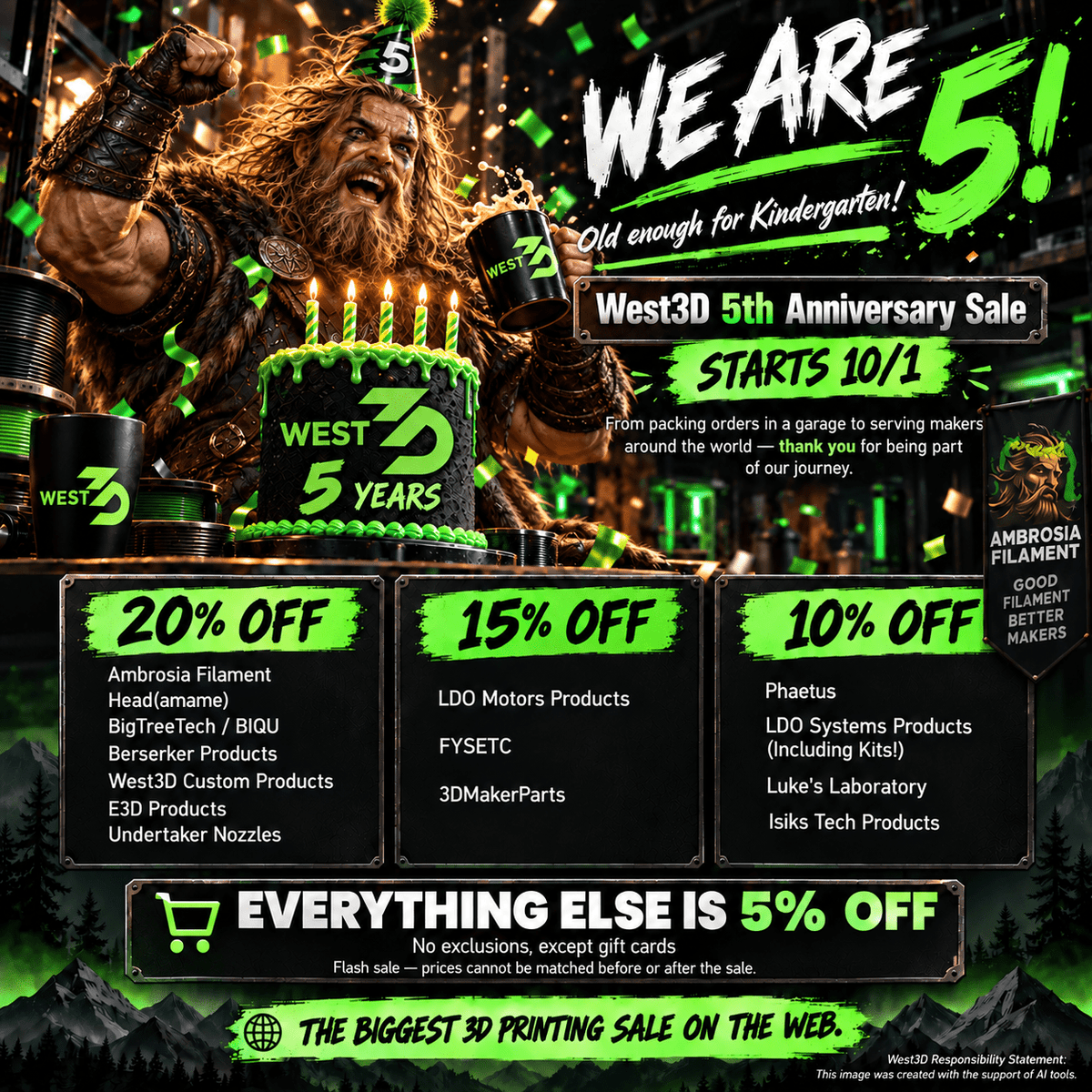 It's our 5th Birthday! West3D Anniversary Sale October 1st 2026 - West3D 3D Printing Supplies