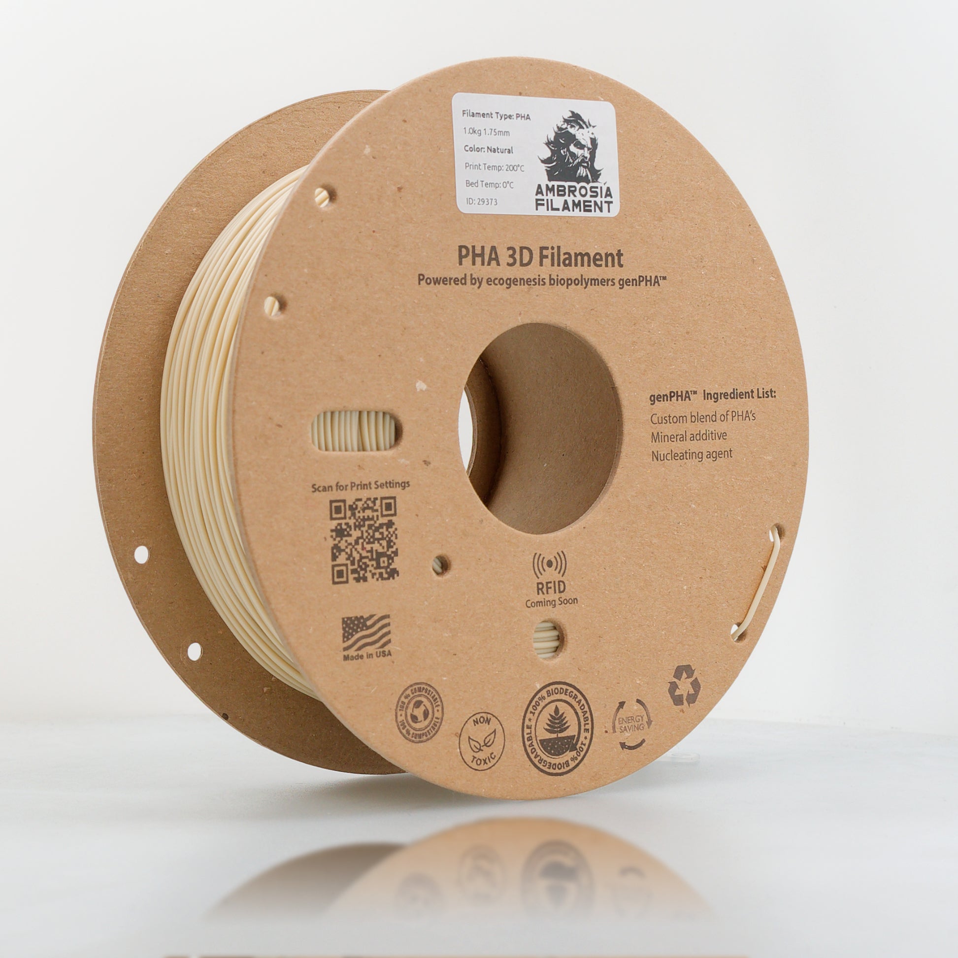 Ambrosia PHA Filament 1KG 1.75mm - Earth Friendly Filament for Everyone - West3D 3D Printing Supplies - AMBROSIA FILAMENT